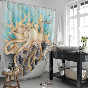 May include: A watercolor shower curtain featuring a brown octopus with tentacles reaching out from a coral reef. The octopus is surrounded by blue and green watercolor washes.