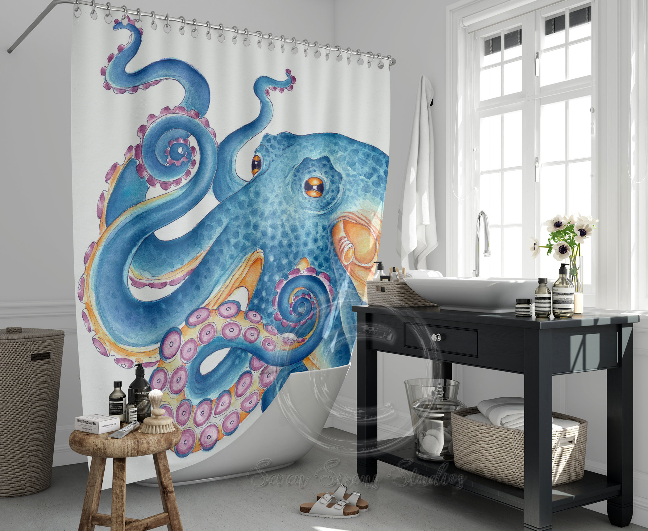 Blue Orange Octopus Watercolor Art Shower Curtain Etsy Canada