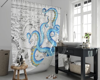 Vintage Map Blue Orange Tentacles Ink Art Shower Curtain