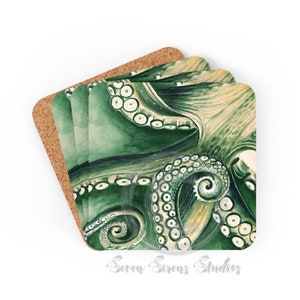 Octopus Kraken Tentacles Green Nautical Marine Aquatic Original Ink Watercolor Art Corkwood Coaster Set