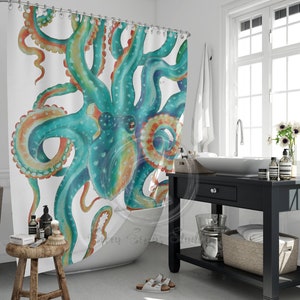 Teal Octopus Tentacles Watercolor Art Shower Curtains