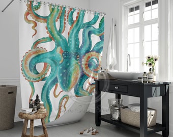 Teal Octopus Tentacles Watercolor Art Shower Curtains