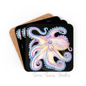 Purple Blue Octopus Tentacles Kraken ink Original Nautical Marine Beach Aquatic Ocean Sea Art Corkwood Coaster Set