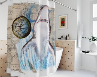 Nautical Shark Shower Curtain: Vintage Compass Ocean Map Bathroom Decor