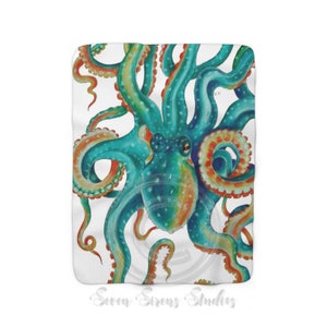 Octopus Teal Watercolor Sherpa Fleece Blanket