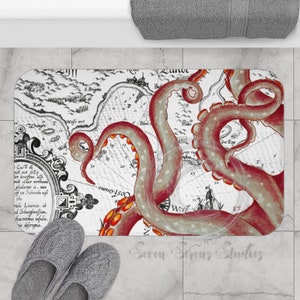 Red Tentacles Octopus Vintage Map Bath Mat
