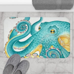 Teal Octopus Bath Mat: Nautical Watercolor Kraken Art