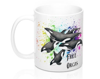 Free Orca Whale Pod Rainbow Splash Ink Art Mug 11oz