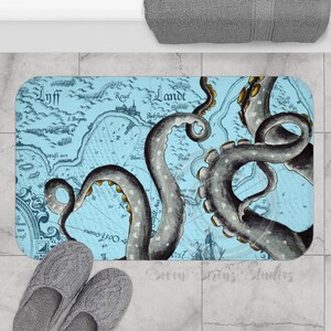 Grey Tentacles Octopus Vintage Map Blue Bath Mat