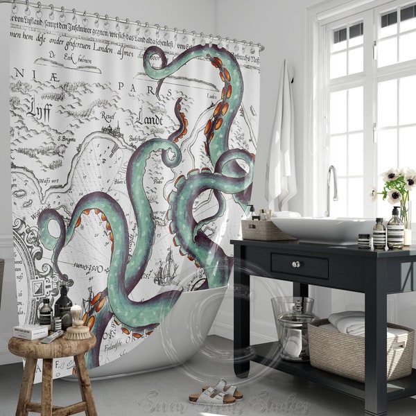 Teal Tentacles Ink Vintage Map Shower Curtain