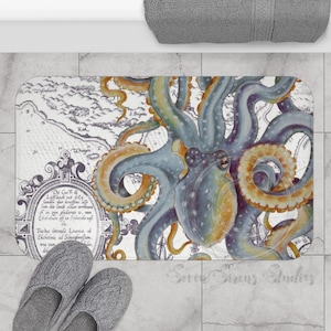 Steel Blue Octopus Tentacles Kraken Watercolor Vintage Map Chic Nautical Marine Aquatic Sea Beach Coastal Original Unique  Art Bath Mat