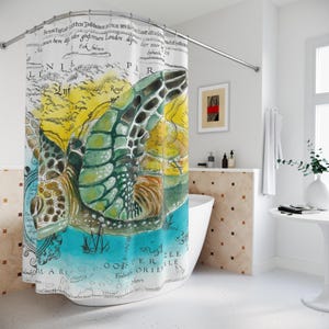 Sea Turtle Shower Curtain: Watercolor Nautical Map, Beach Bathroom Decor
