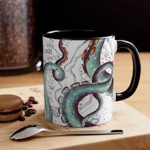Teal Green Tentacles Octopus Vintage Map on White Art Accent Coffee Mug, 11oz