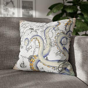 Tentacles Octopus Vintage Weathered Nautical Map Watercolor Art Spun Polyester Square Pillow Case