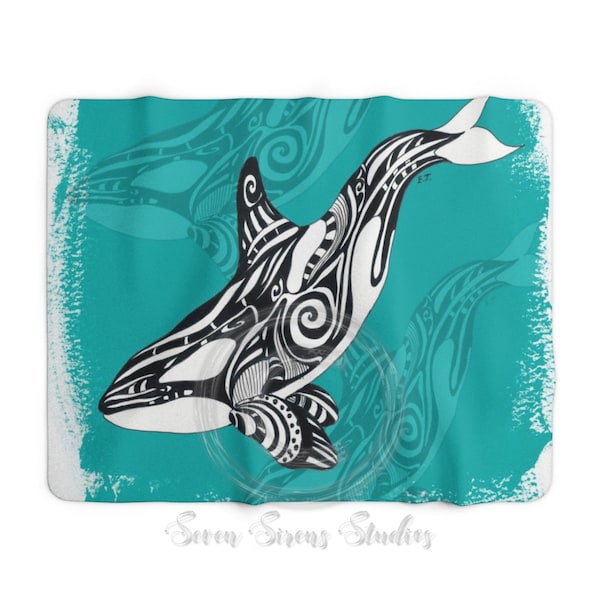 Orca Whale Tribal Teal Sherpa Fleece Blanket