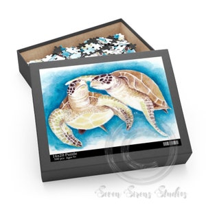 Sea Turtles Love Blue Beige Cute Watercolor Art Puzzle (120, 252, 500-Piece)