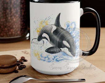 Taza de orca con acuarela: Taza con acentos de arte náutico oceánico