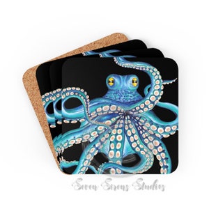 Blue Kraken Octopus Tentacles Black Ink Corkwood Coaster Set
