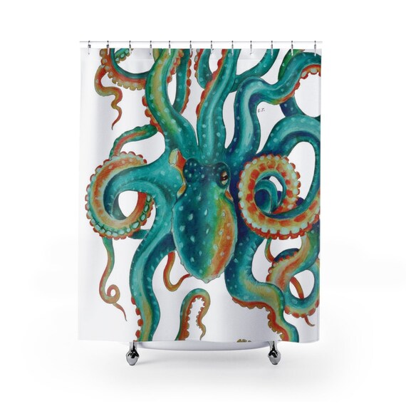 Teal Octopus Tentacles Watercolor Art Shower Curtains | Etsy