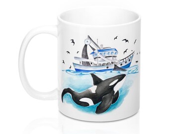Orca And The Boat Watercolor Ink Art Mug 11oz