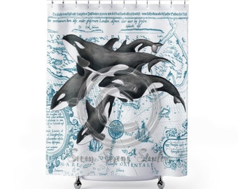 Orca Whales Pod Teal Vintage Map Shower Curtain