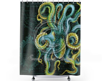 Green Octopus Tentacles Watercolor Art Vintage Map Chic Shower Curtain