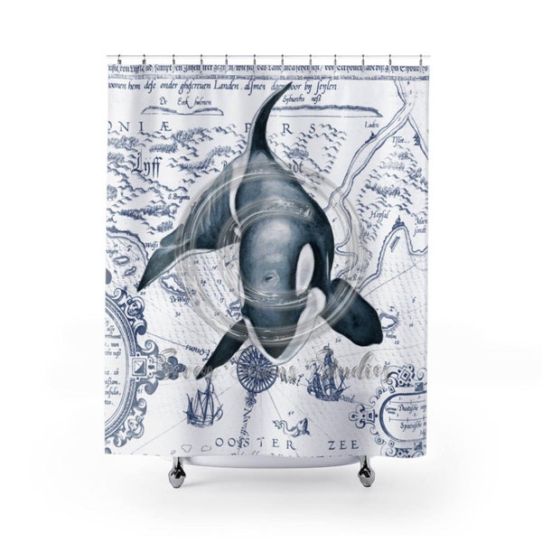 Orca Whale Vintage Blue Map Art Shower Curtain