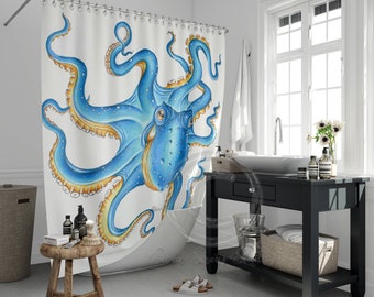Blue Octopus Kraken Ink Nautical Art Shower Curtain