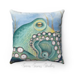 Green Octopus Watercolor Square Pillow
