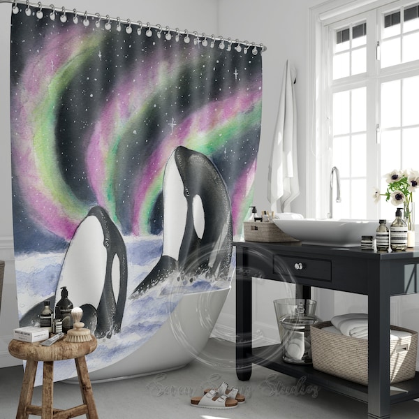 Orca Whales Aurora Borealis I Shower Curtain