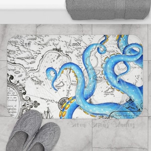 Blue Tentacles Vintage Map Bath Mat