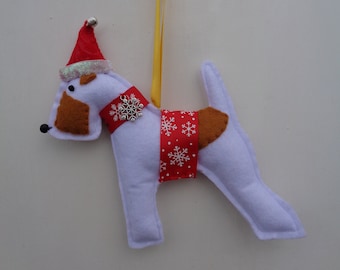 Handmade white and tan felt Christmas Fox Terrier dog hanging decoration