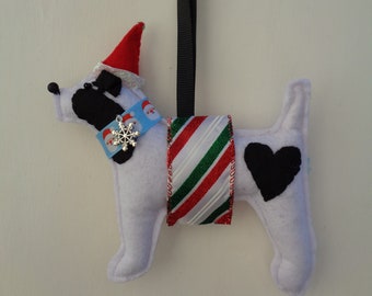 Hand made felt Christmas black and white Jack Russell Terrier dog hanging decoration