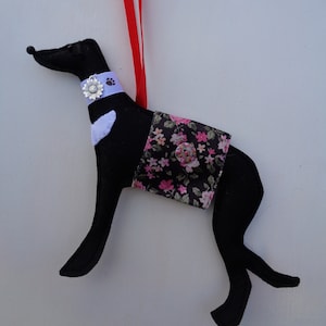 Hand made black and white felt Greyhound, Whippet, Lurcher type dog hanging decoration