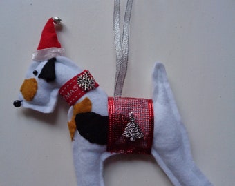 Handmade tri colour felt Christmas Fox Terrier dog hanging decoration