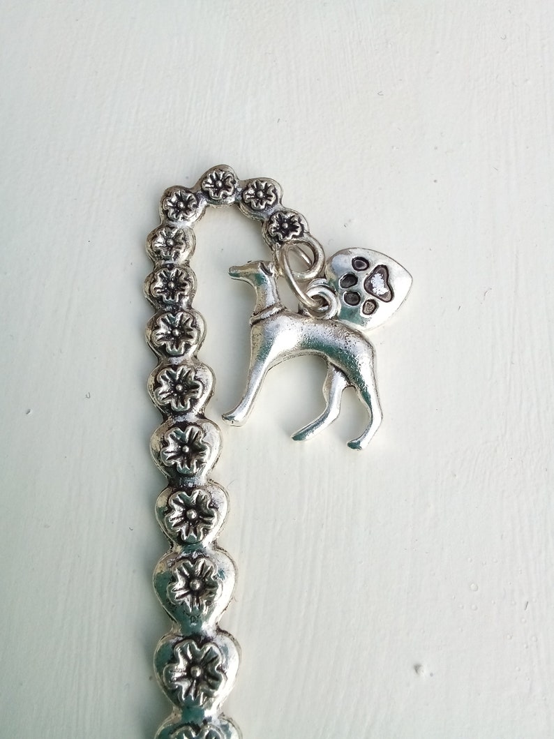 Silver metal coloured Greyhound/Lurcher/Whippet type dog, love my dog charm Bookmark image 3