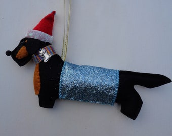 Handmade black felt Christmas Wire haired Dachshund, Sausage dog hanging decoration