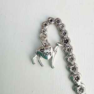 Silver metal coloured Greyhound/Lurcher/Whippet type dog, love my dog charm Bookmark image 1