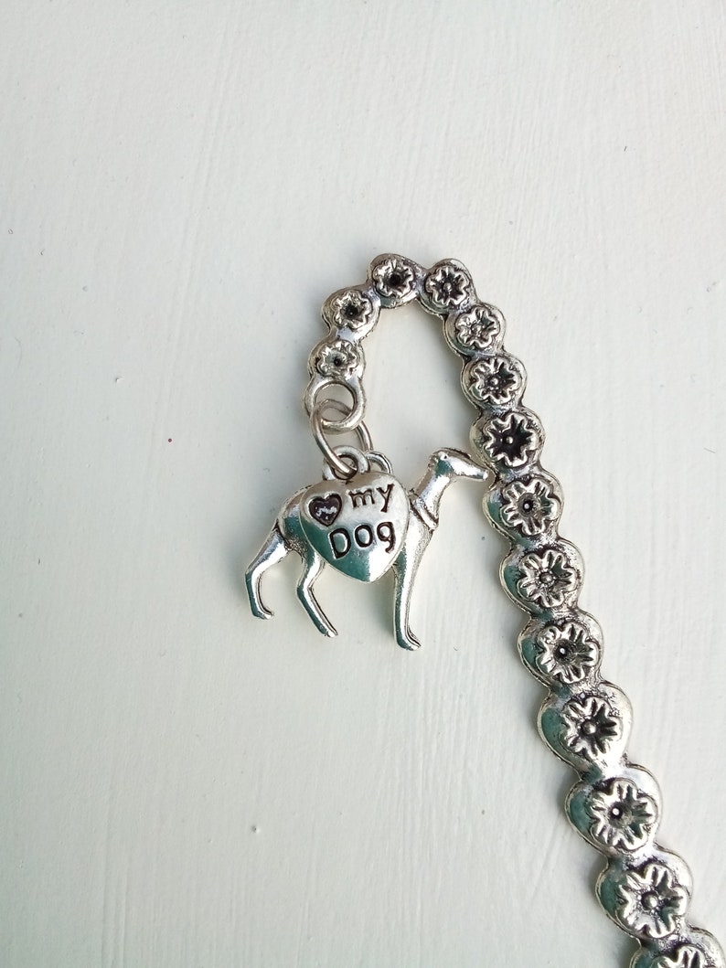 Silver metal coloured Greyhound/Lurcher/Whippet type dog, love my dog charm Bookmark image 1