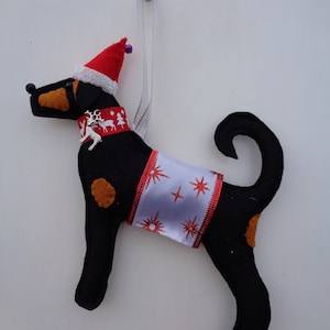 Handmade black felt Christmas Doberman type dog hanging decoration