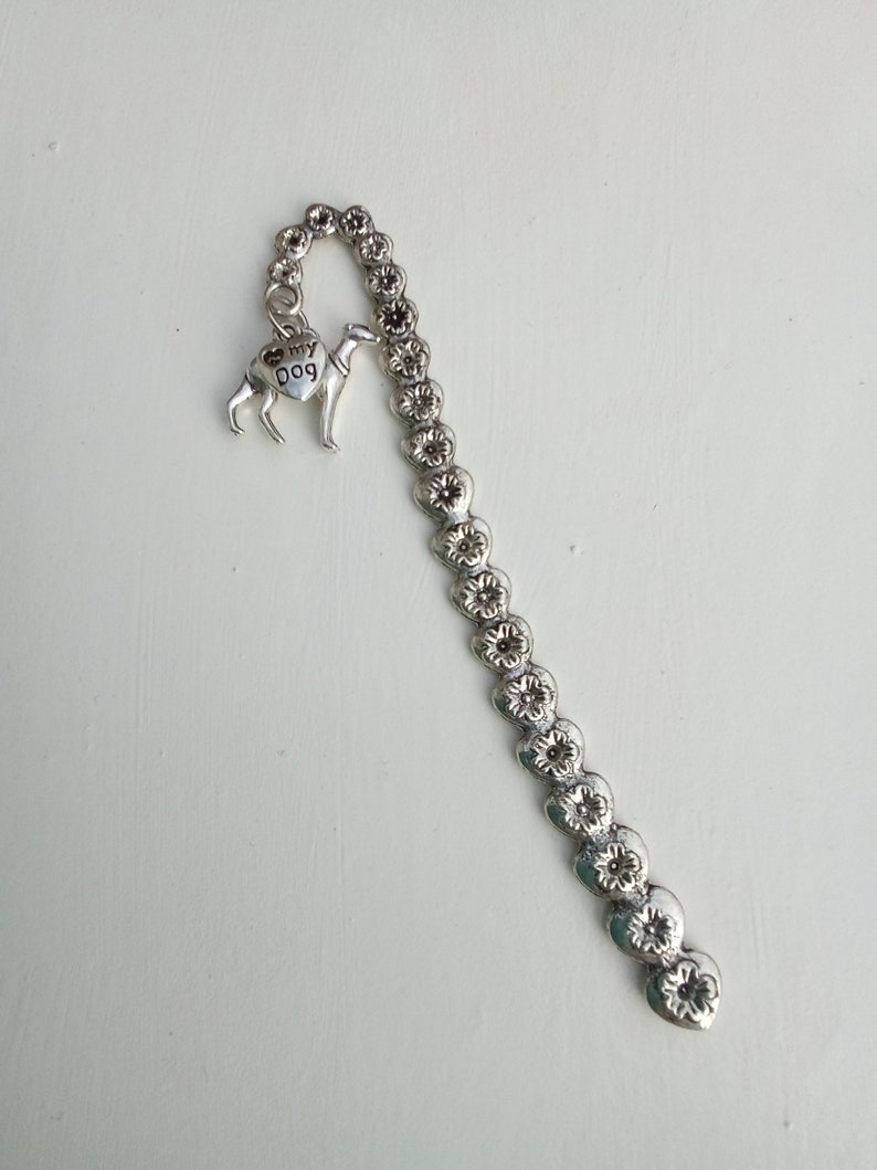 Silver metal coloured Greyhound/Lurcher/Whippet type dog, love my dog charm Bookmark image 4