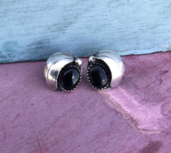 Navajo Onyx Sterling Silver Post Stud Native Amer… - image 1