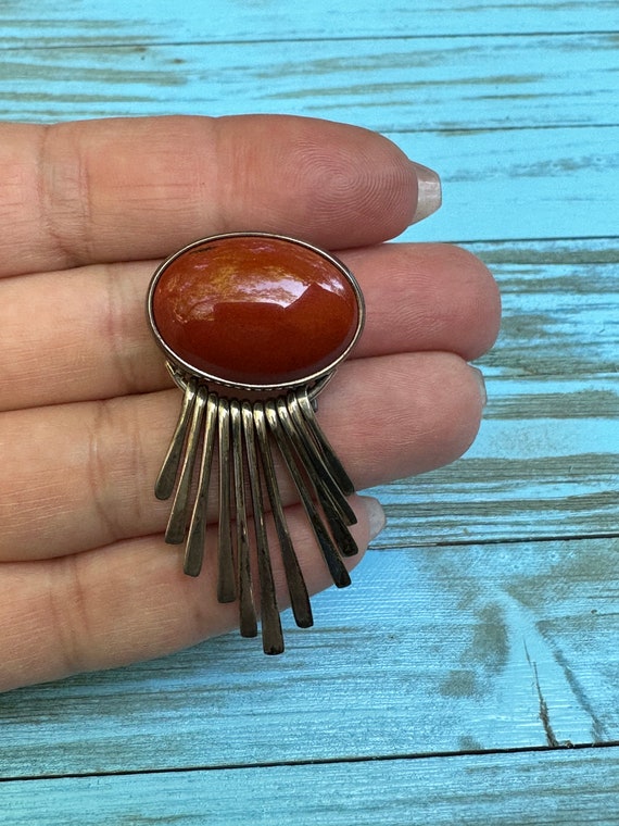 Sterling Silver Red Stone Brooch - image 1