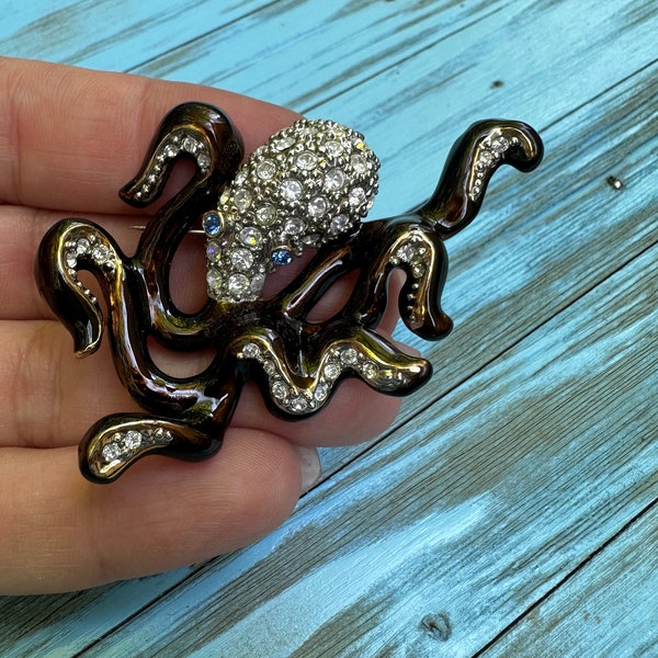 Brown Enamel Blue Eyed Crystal Octopus Brooch Pin