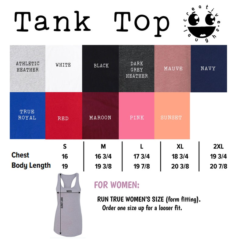 May include: A graphic displaying tank top colours and sizing details. Colours include Athletic Heather, White, Black, Dark Grey Heather, Mauve, Navy, True Royal, Red, Maroon, Pink, and Sunset. Chest measurements range from 40.6 to 50.2 cm.