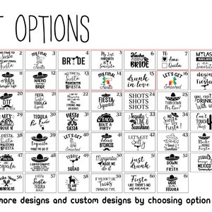 May include: A black and white grid of 64 squares, each containing a different design for a personalized party favor. The designs feature various phrases and images related to a fiesta theme, such as "Tequila Squad", "Nacho Bride", "Let's Get Smashed", and "Fiesta Siesta".