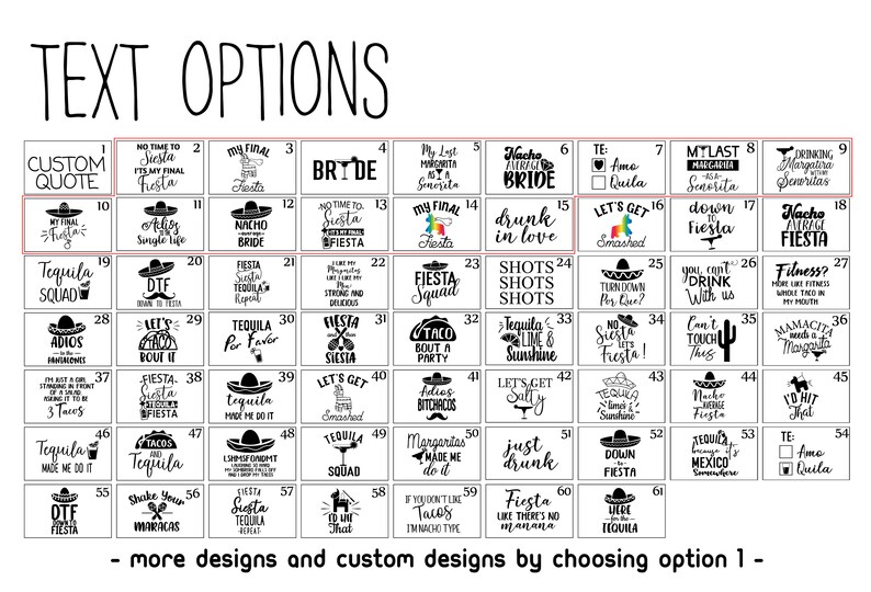 May include: A black and white grid of 64 squares, each containing a different design for a personalized party favor. The designs feature various phrases and images related to a fiesta theme, such as "Tequila Squad", "Nacho Bride", "Let's Get Smashed", and "Fiesta Siesta".