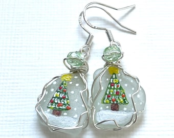 Fairy lights christmas tree Christmas winter holiday earrings - Sea glass with Swarovski crystals.  Crafted and painted to order