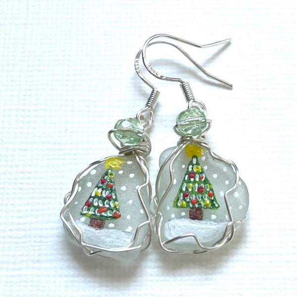 Fairy lights christmas tree Christmas winter holiday earrings - Sea glass with Swarovski crystals.  Crafted and painted to order