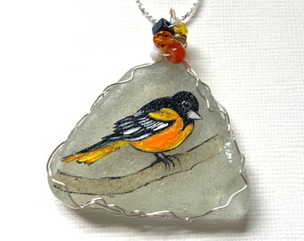 Baltimore Oriole bird hand painted sea glass necklace with mixed crystals and wire wrapping- painted to order.